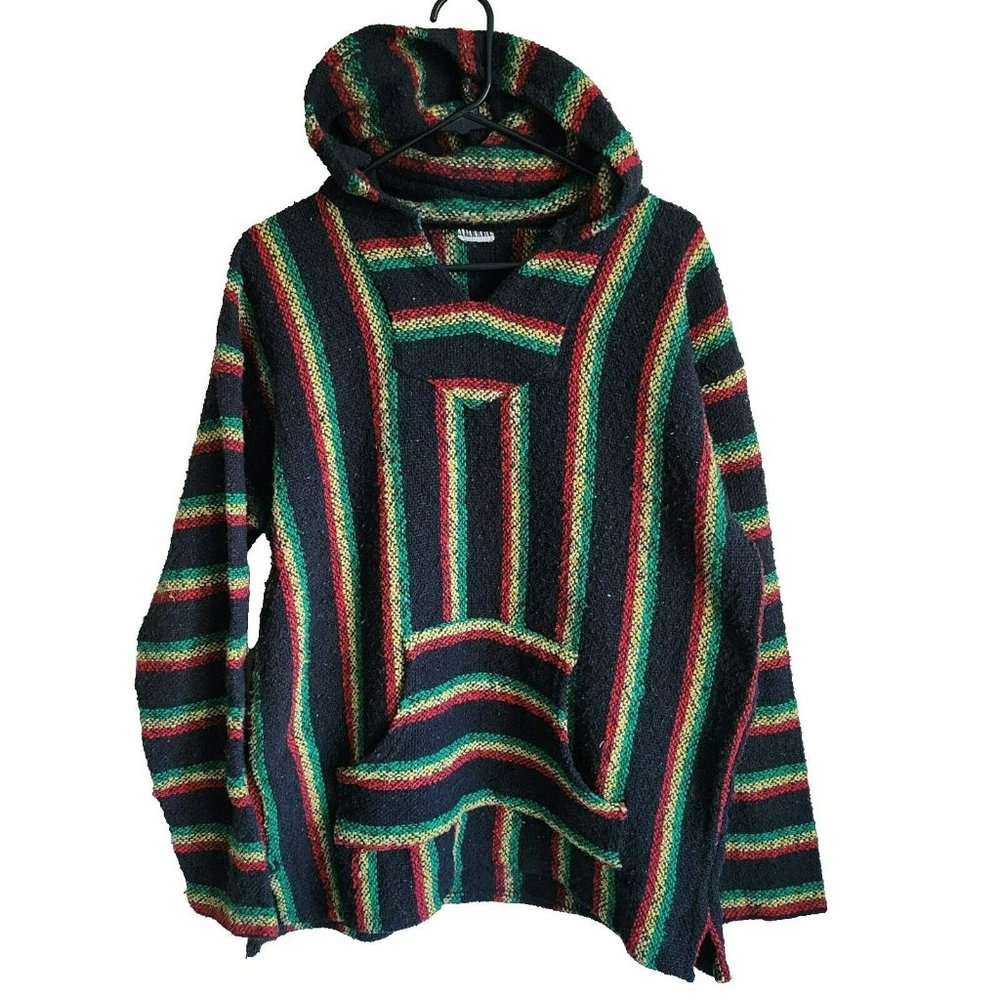 Baja Mexican Poncho Hippy Drug Rug Pullover Hoodie Black Size M/L RASTA JAMAICA